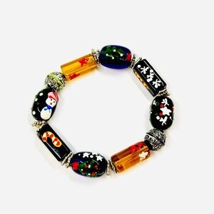 Vintage Glass Lamp Work Bead Christmas Charm Bracelet  8” Stretchy